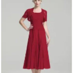 A-Line Square Neckline Tea-Length Chiffon Mother of the Bride Dress - size 14